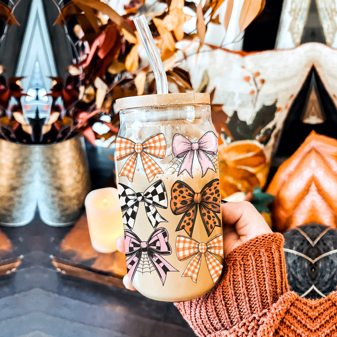 Fall Bows 20oz Glass Tumbler With Bamboo Lid, Straws And Straw Cleaner