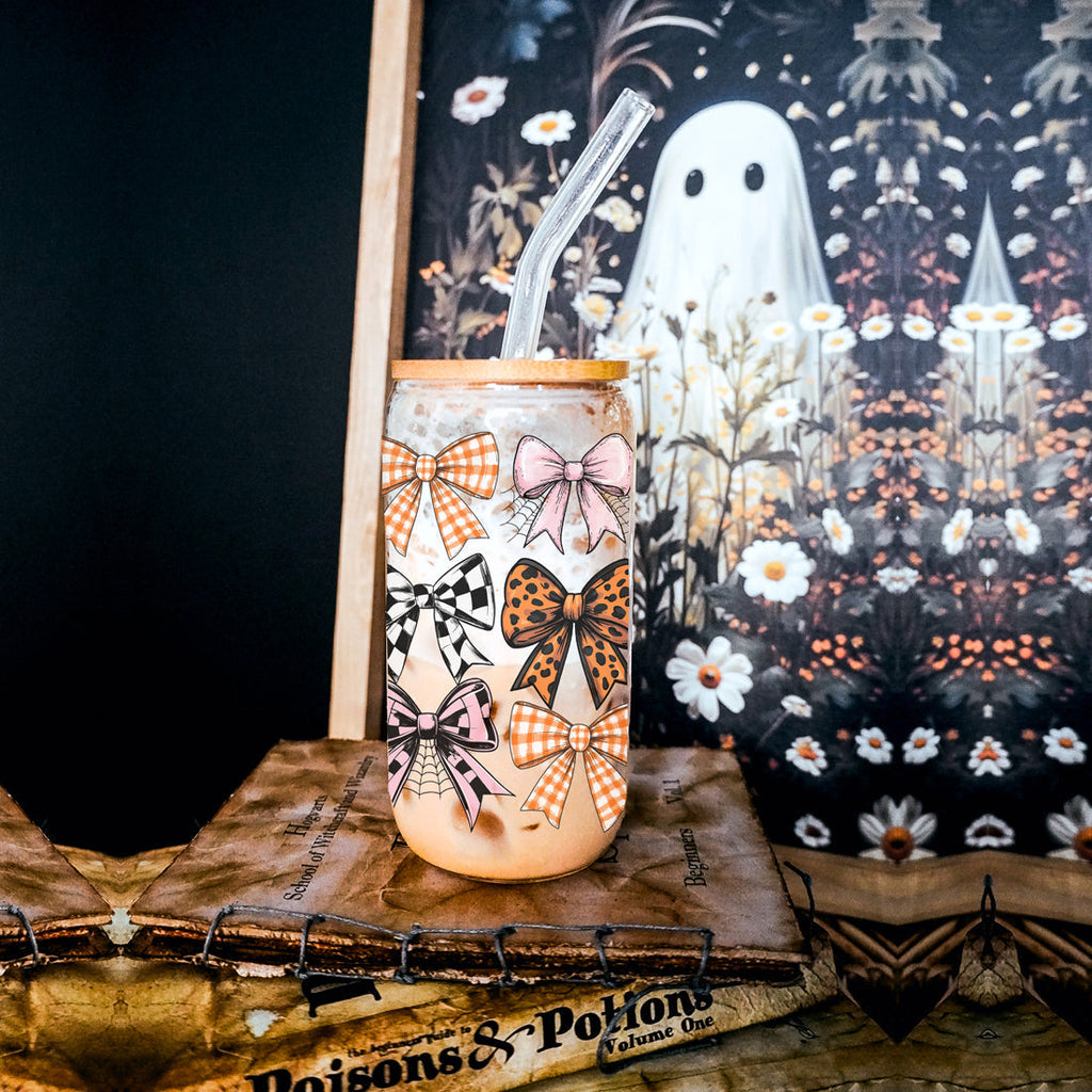 Fall Bows 20oz Glass Tumbler With Bamboo Lid, Straws And Straw Cleaner