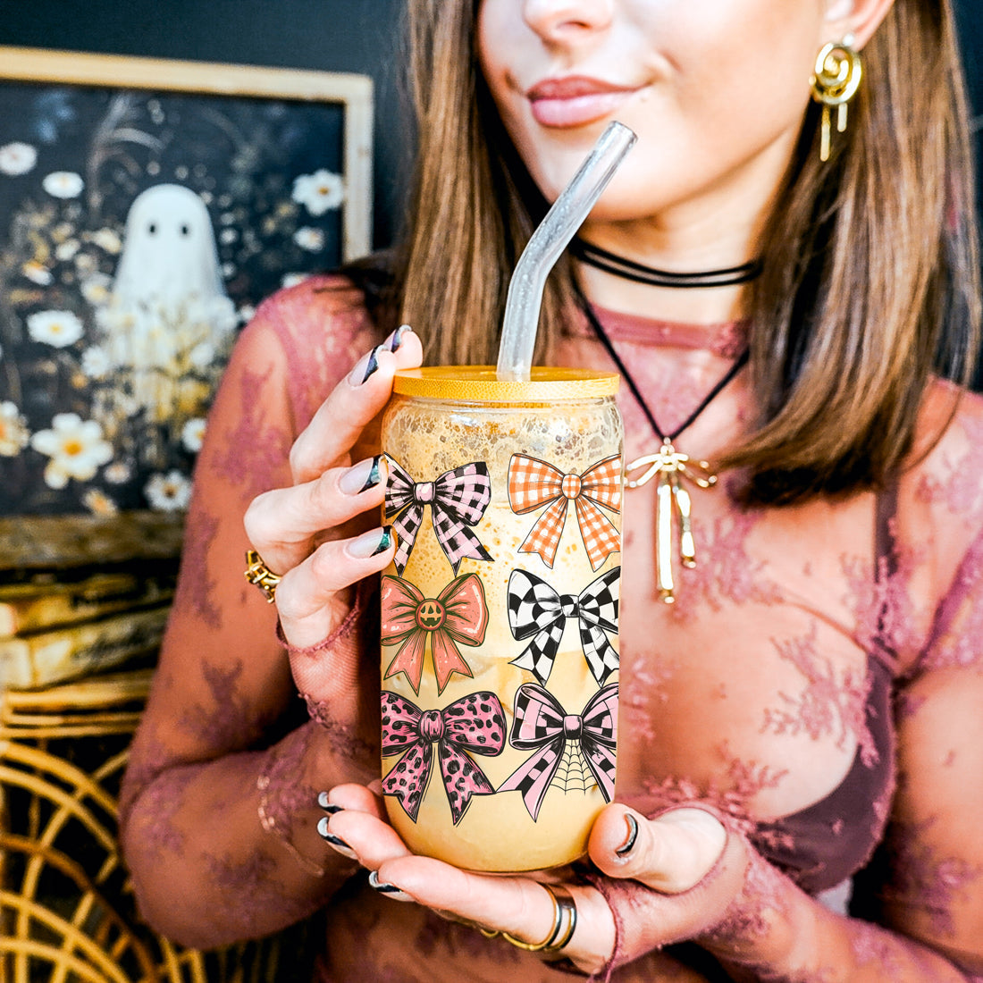 Fall Bows 20oz Glass Tumbler With Bamboo Lid, Straws And Straw Cleaner