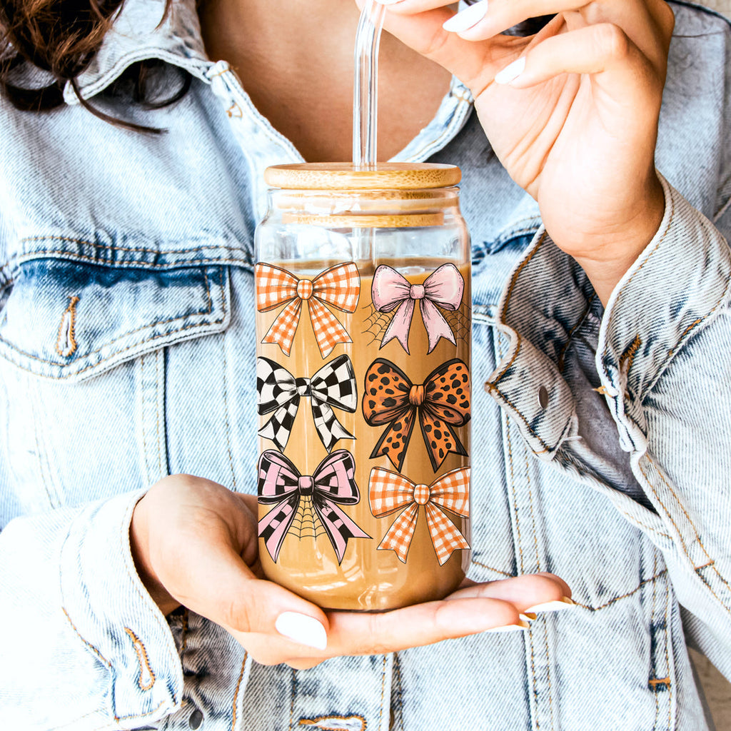 Fall Bows 20oz Glass Tumbler With Bamboo Lid, Straws And Straw Cleaner