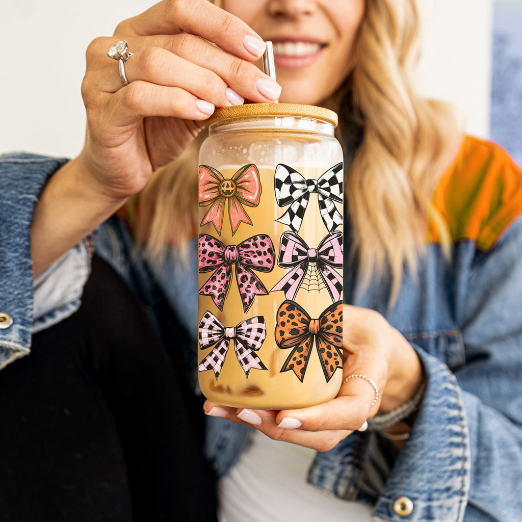 Fall Bows 20oz Glass Tumbler With Bamboo Lid, Straws And Straw Cleaner