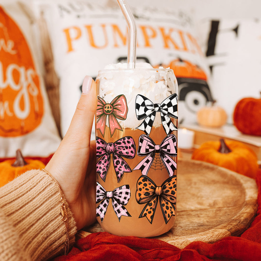 Fall Bows 20oz Glass Tumbler With Bamboo Lid, Straws And Straw Cleaner