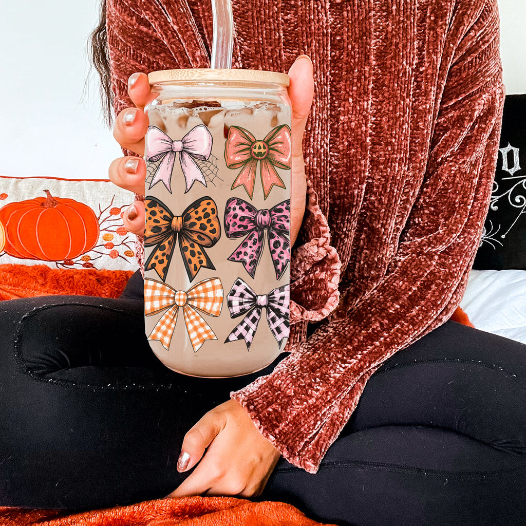 Fall Bows 20oz Glass Tumbler With Bamboo Lid, Straws And Straw Cleaner