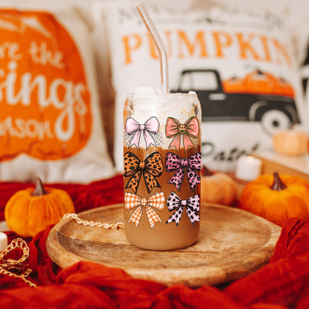 Fall Bows 20oz Glass Tumbler With Bamboo Lid, Straws And Straw Cleaner