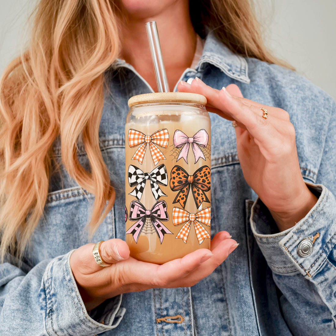 Fall Bows 20oz Glass Tumbler With Bamboo Lid, Straws And Straw Cleaner