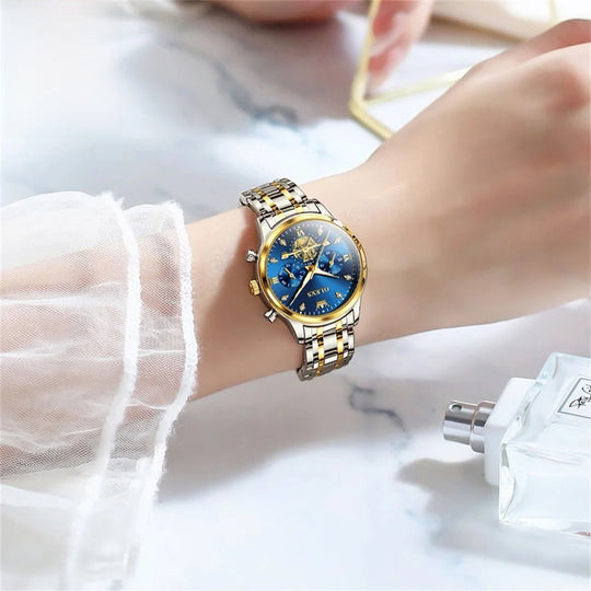 Women's Gold Stainless Steel Multifunction Quartz Watch