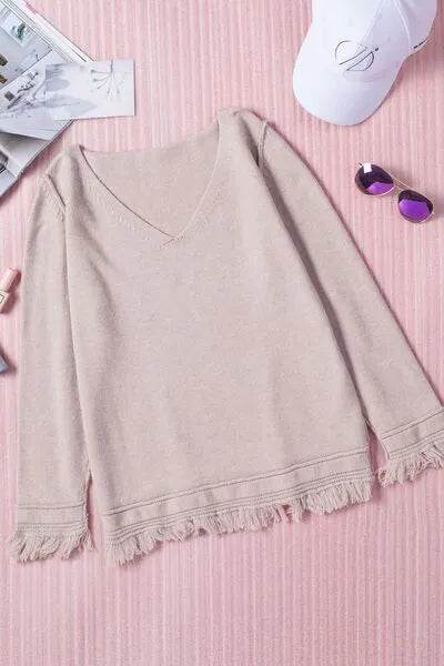 Exposed Seam Fringe Hem V-Neck Long Sleeve Sweater