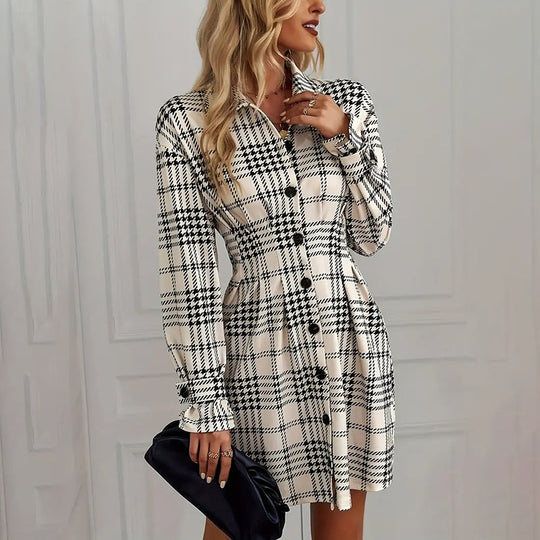 Elegant Plaid Shirt Dress — Ruched Waist A-Line Mini with Long Sleeves