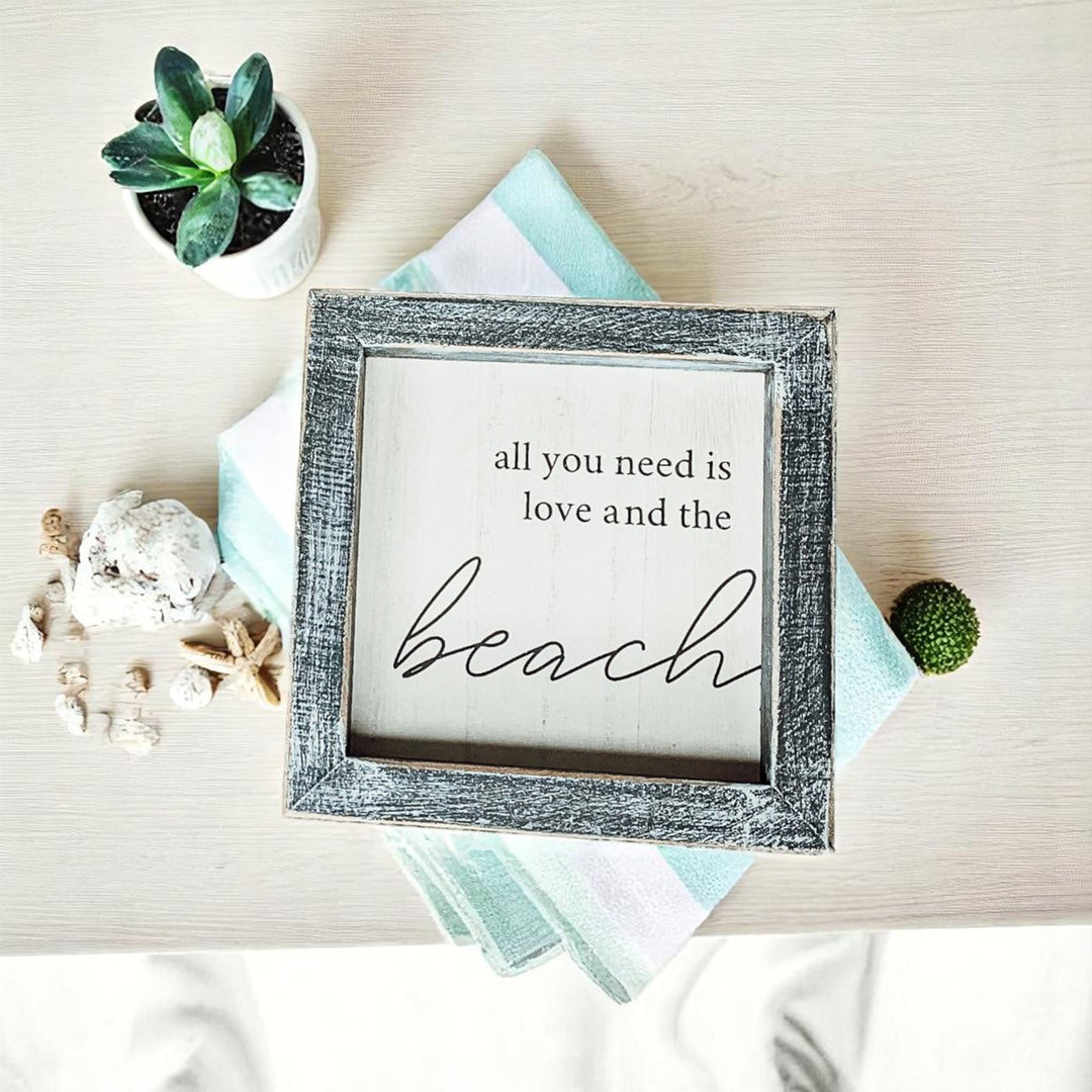 Love And Beach Wooden Sign 5x5 Beach House Wall Decor Distressed Gray Frame