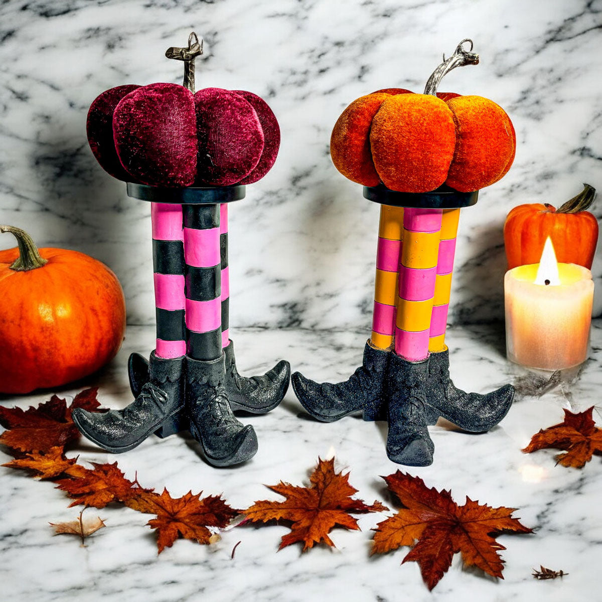 Witch Leg Pillar Candle Holder Halloween Decor Striped Boots Glitter