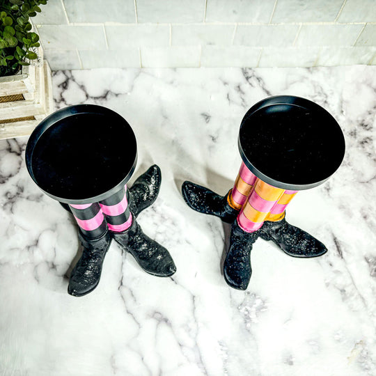 Witch Leg Pillar Candle Holder Halloween Decor Striped Boots Glitter