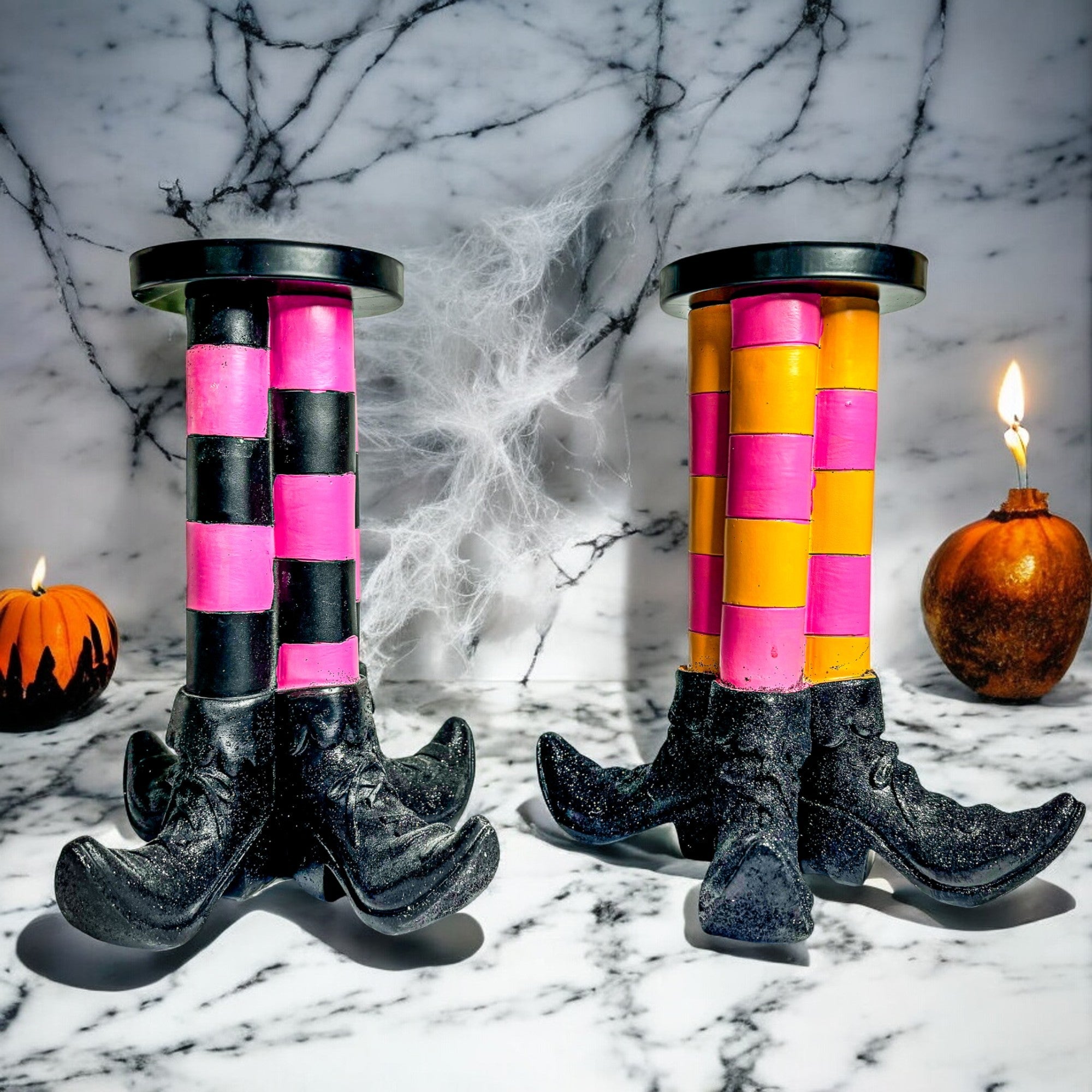 Witch Leg Pillar Candle Holder Halloween Decor Striped Boots Glitter