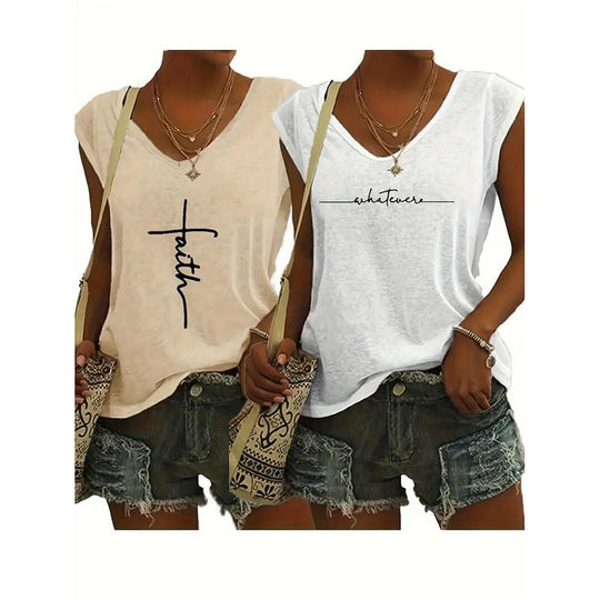 2-Pack Women's V-Neck Sleeveless Tank Tops – Loose Fit Casual Summer Beach Shirts