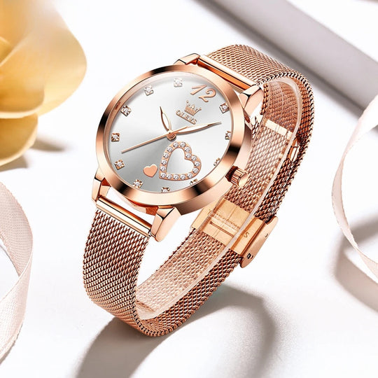 Rose Gold Mesh Women's Watch Heart Crystal Dial Quartz