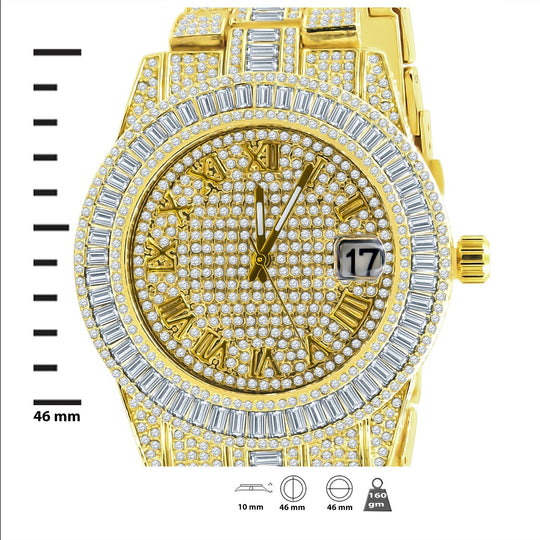 Gold Iced Out Crystal Watch And Bracelet Set With Date