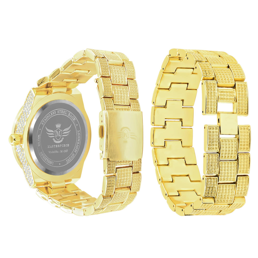 Gold Iced Out Crystal Watch And Bracelet Set With Date