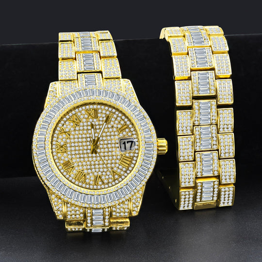 Gold Iced Out Crystal Watch And Bracelet Set With Date