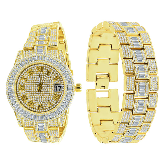 Gold Iced Out Crystal Watch And Bracelet Set With Date