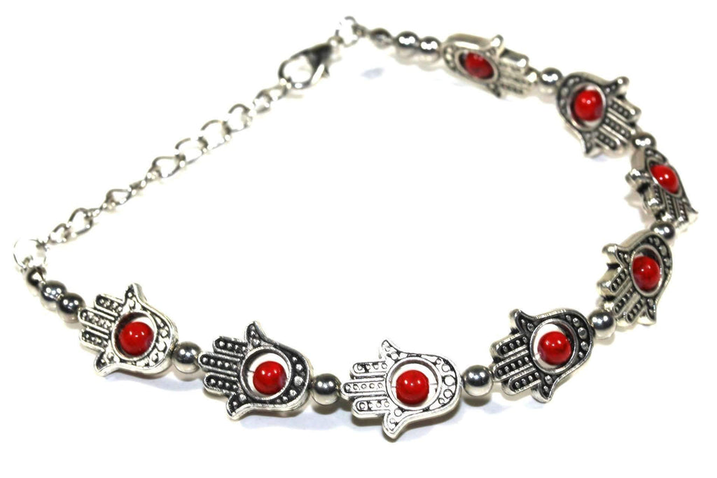 Hamsa Red Beaded Bracelet Adjustable Silver Tone Protection