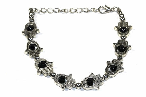 Hamsa Red Beaded Bracelet Adjustable Silver Tone Protection
