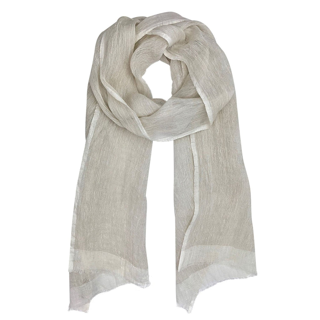 Linen Gauze Two-Tone Scarf Lightweight Handwoven Eyelash Fringe White Stripe