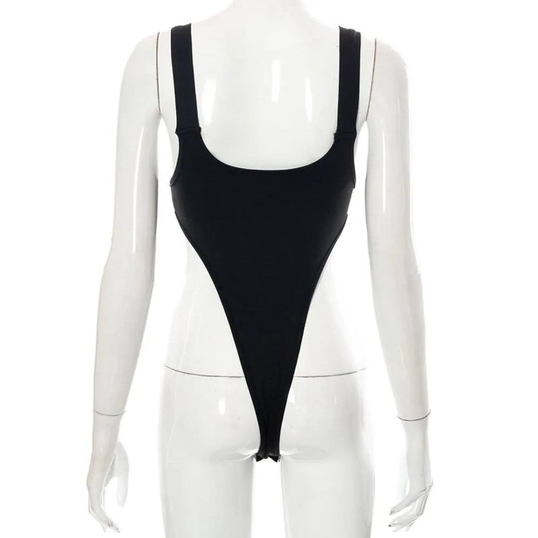 Baby Cut Out Bodysuit in black with high-cut thong back on a mannequin.