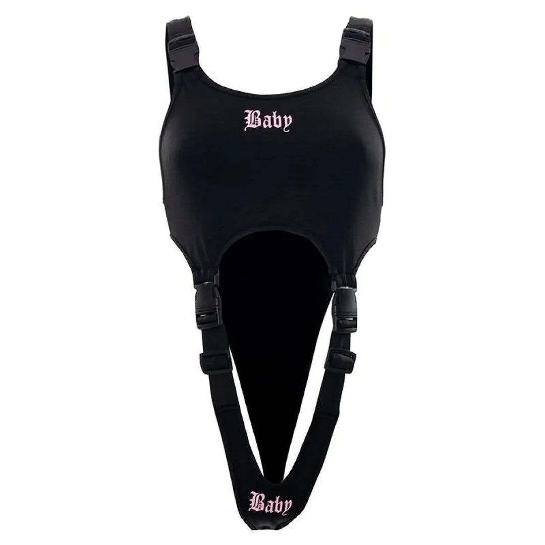 Black Baby cut-out bodysuit with harness straps and pink 'Baby' text on chest and bottom.