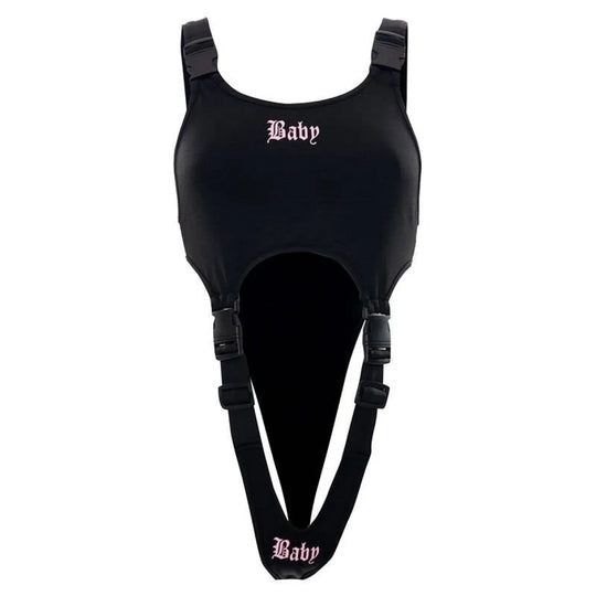 Black Baby cut-out bodysuit with harness straps and pink 'Baby' text on chest and bottom.