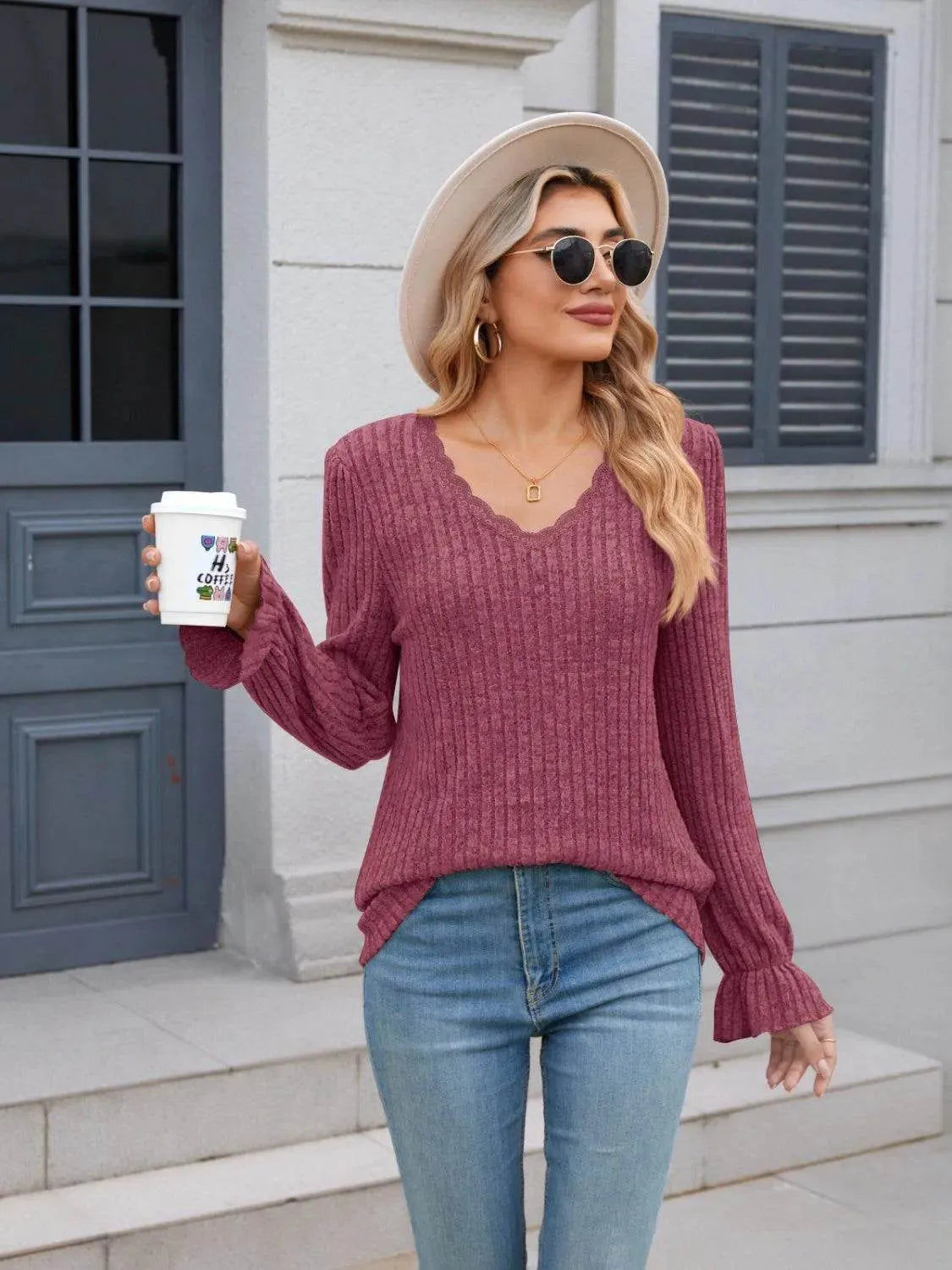 Lace Detail V-Neck Long Sleeve T-Shirt