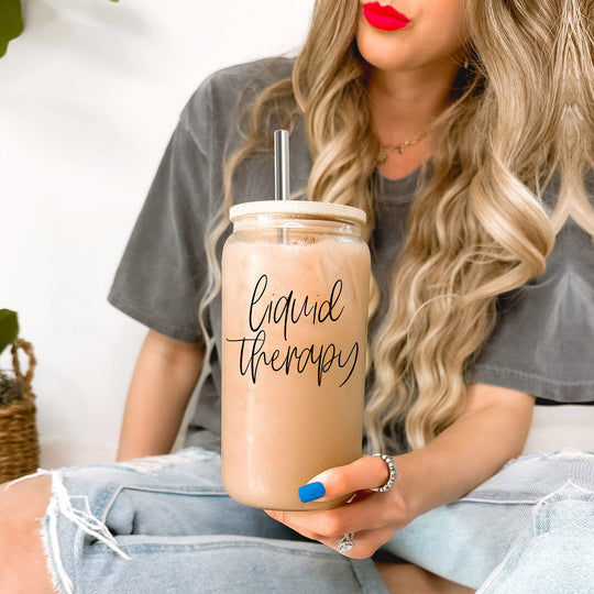 Liquid Therapy 17oz Glass Tumbler With Bamboo Lid, 2 Stainless Straws And Straw Cleaner