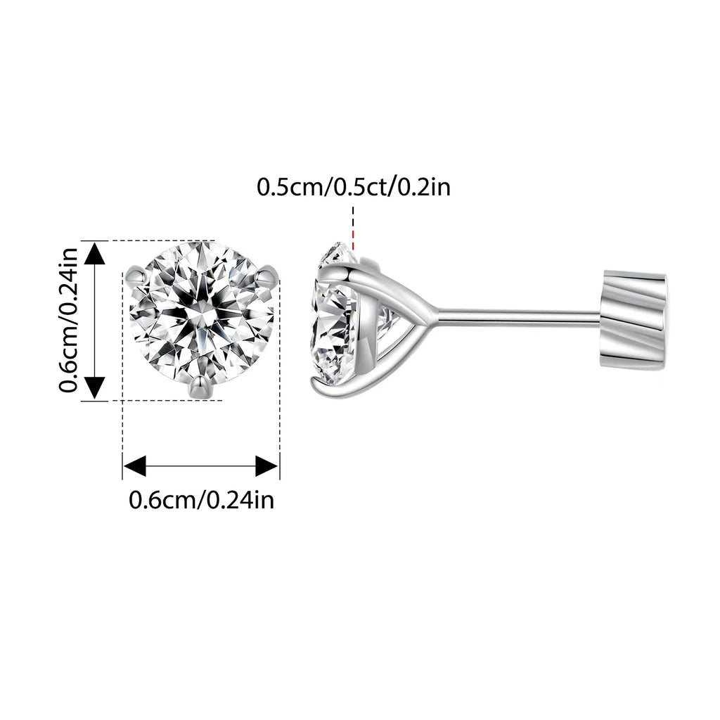 Moissanite 1Ct Round Stud Earrings Screw Back Platinum Plated S925 Minimalist