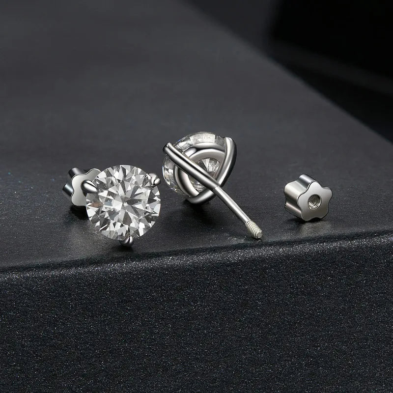 Moissanite 1Ct Round Stud Earrings Screw Back Platinum Plated S925 Minimalist