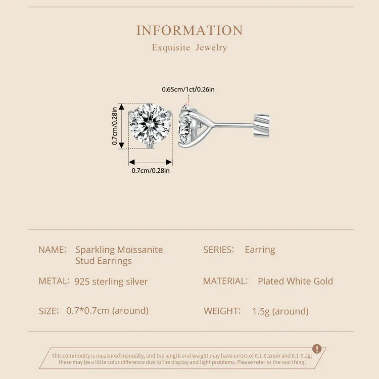 Moissanite 1Ct Round Stud Earrings Screw Back Platinum Plated S925 Minimalist