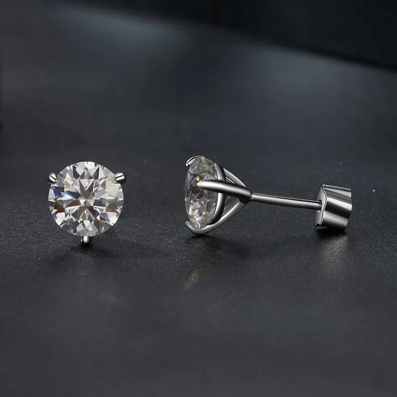 Moissanite 1Ct Round Stud Earrings Screw Back Platinum Plated S925 Minimalist