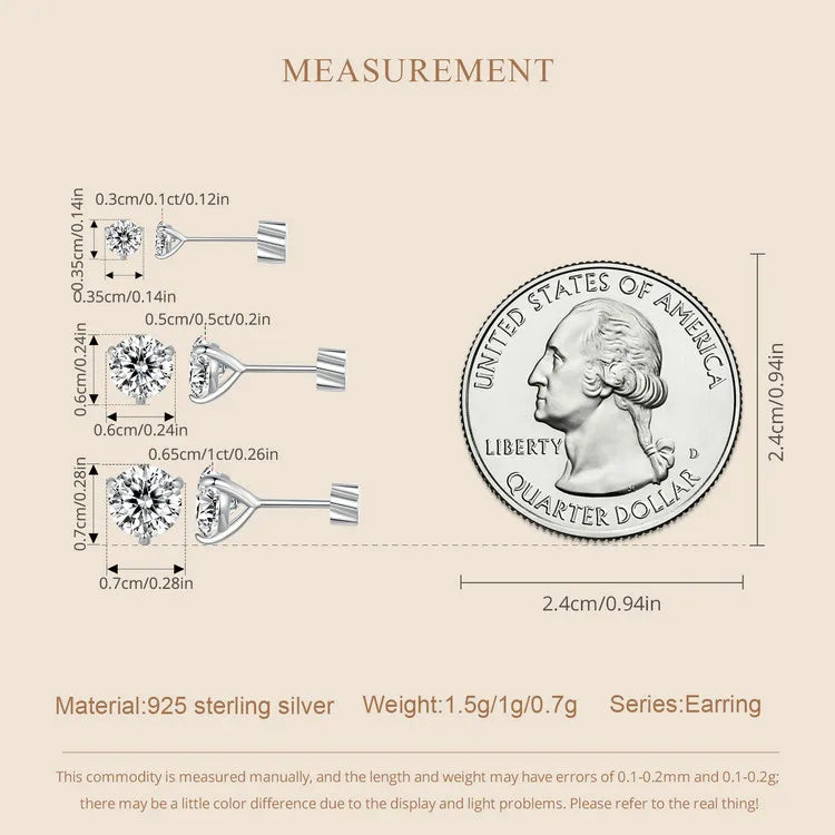 Moissanite 1Ct Round Stud Earrings Screw Back Platinum Plated S925 Minimalist