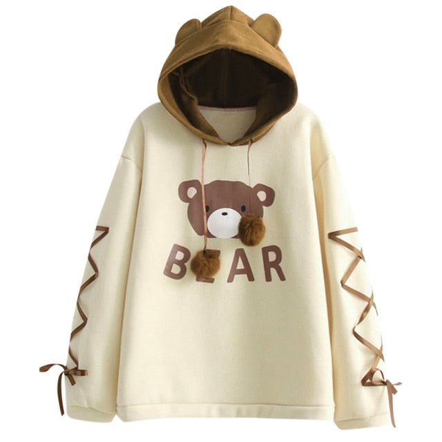 Bear Cap Hoodies Sweatshirt Top Womens Long Sleeve Cute Sweat Hooded Jumper