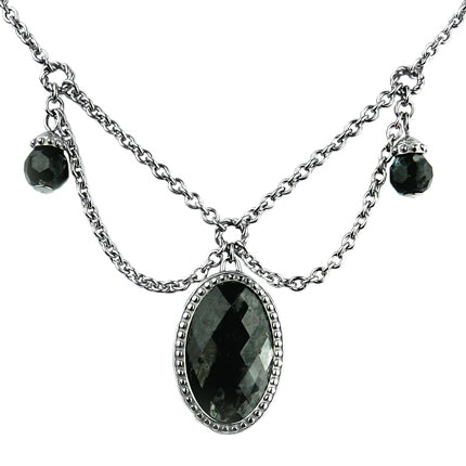 Rococo Black Gem Pendant Necklace Vintage Silver Chain