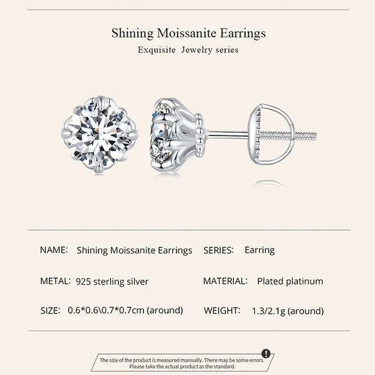 0.5/1ct D Color VVS1 Moissanite Stud Earrings S925 Sterling Screw Back