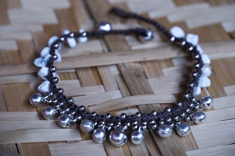 Silver Bell Boho Anklet White Beaded Ankle Bracelet
