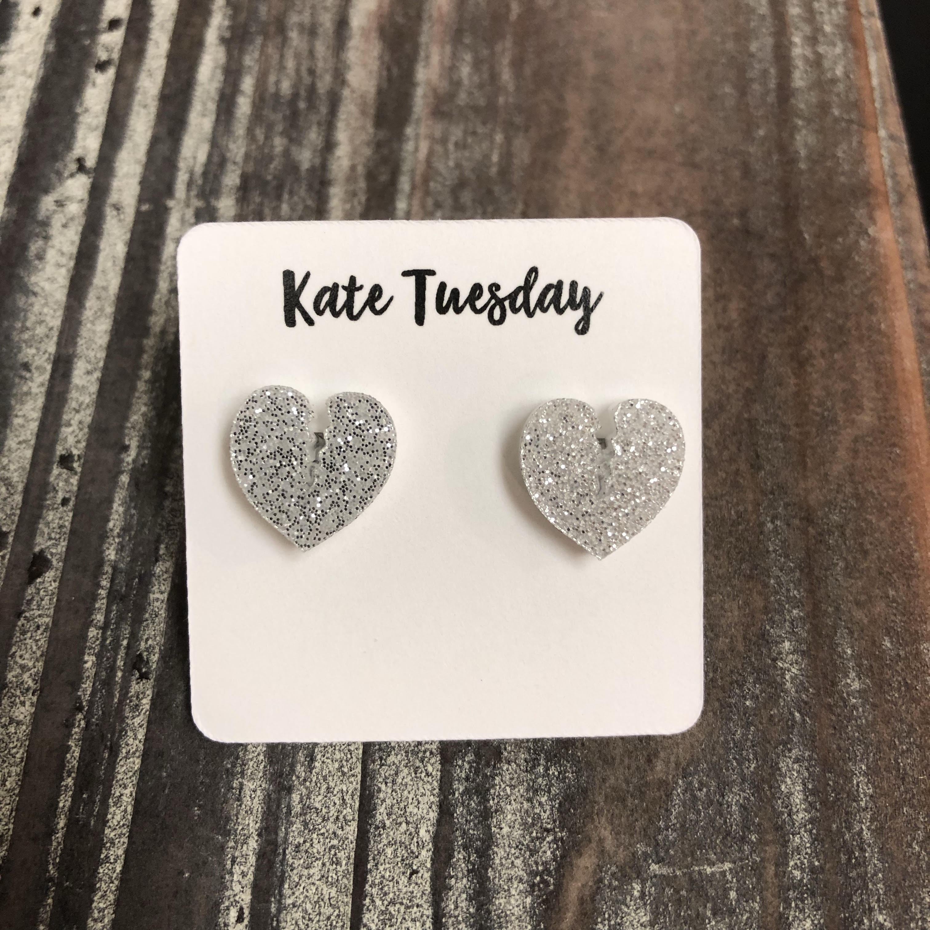 Silver Glitter Broken Heart Stud Earrings For Women