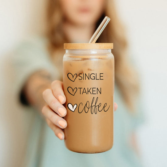 20oz Coffee Glass Cup With Bamboo Lid - Single Taken Coffee Heart Design
