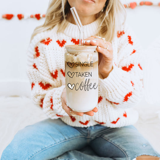 20oz Coffee Glass Cup With Bamboo Lid - Single Taken Coffee Heart Design