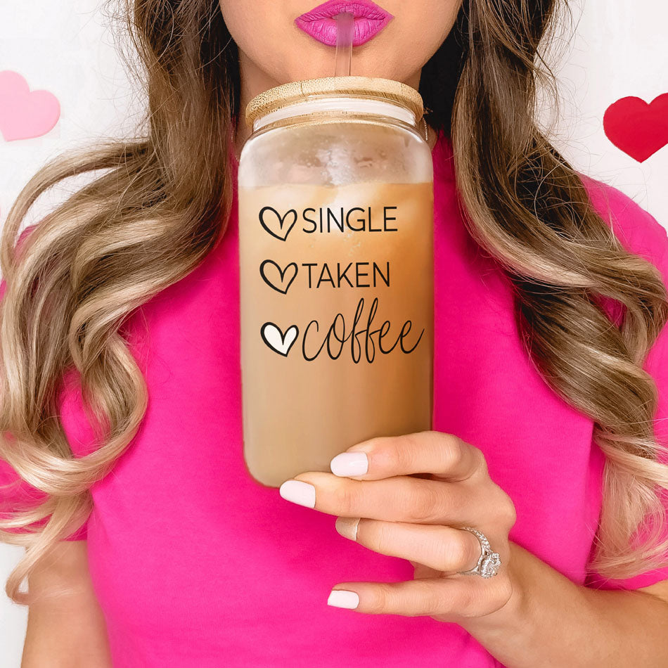 20oz Coffee Glass Cup With Bamboo Lid - Single Taken Coffee Heart Design