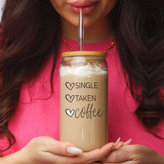 20oz Coffee Glass Cup With Bamboo Lid - Single Taken Coffee Heart Design