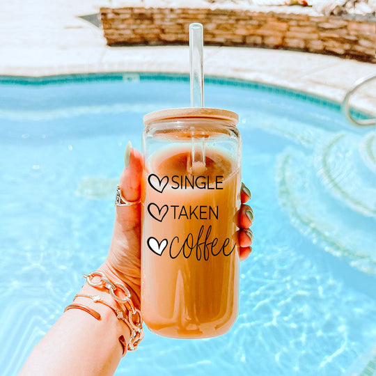 20oz Coffee Glass Cup With Bamboo Lid - Single Taken Coffee Heart Design