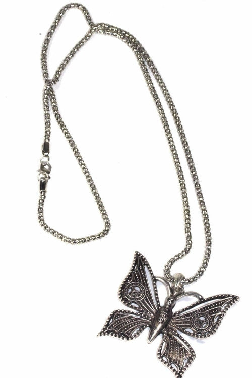 Skull Butterfly Wing Necklace Gothic Silver Pendant