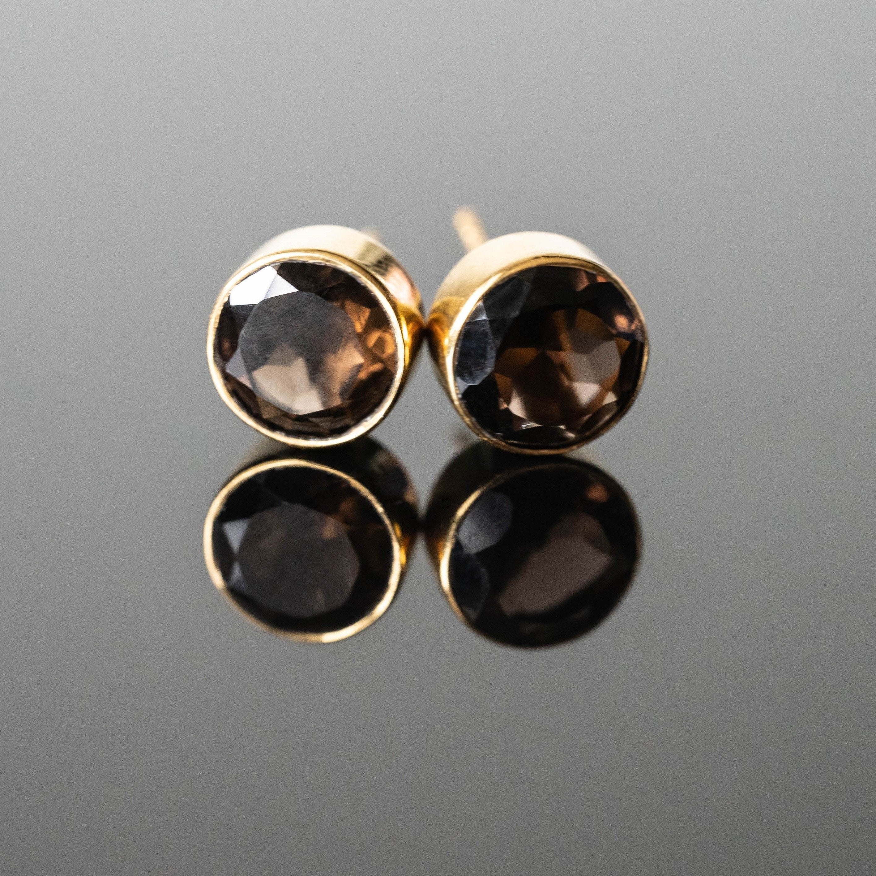Smoky Quartz Round Stud Earrings Gold Plated 6mm Posts