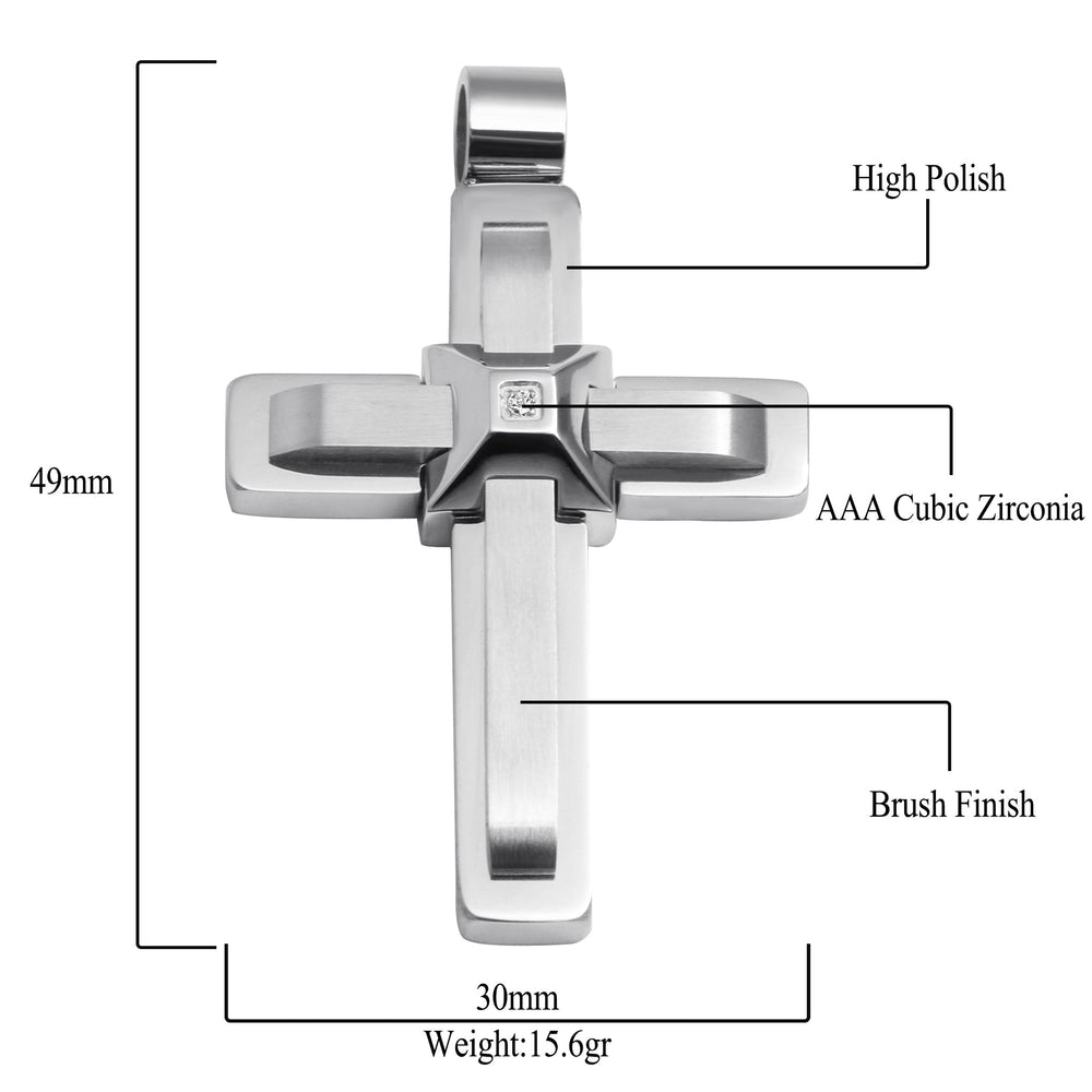 Stainless Steel Cross Pendant With Brushed Center Crystal