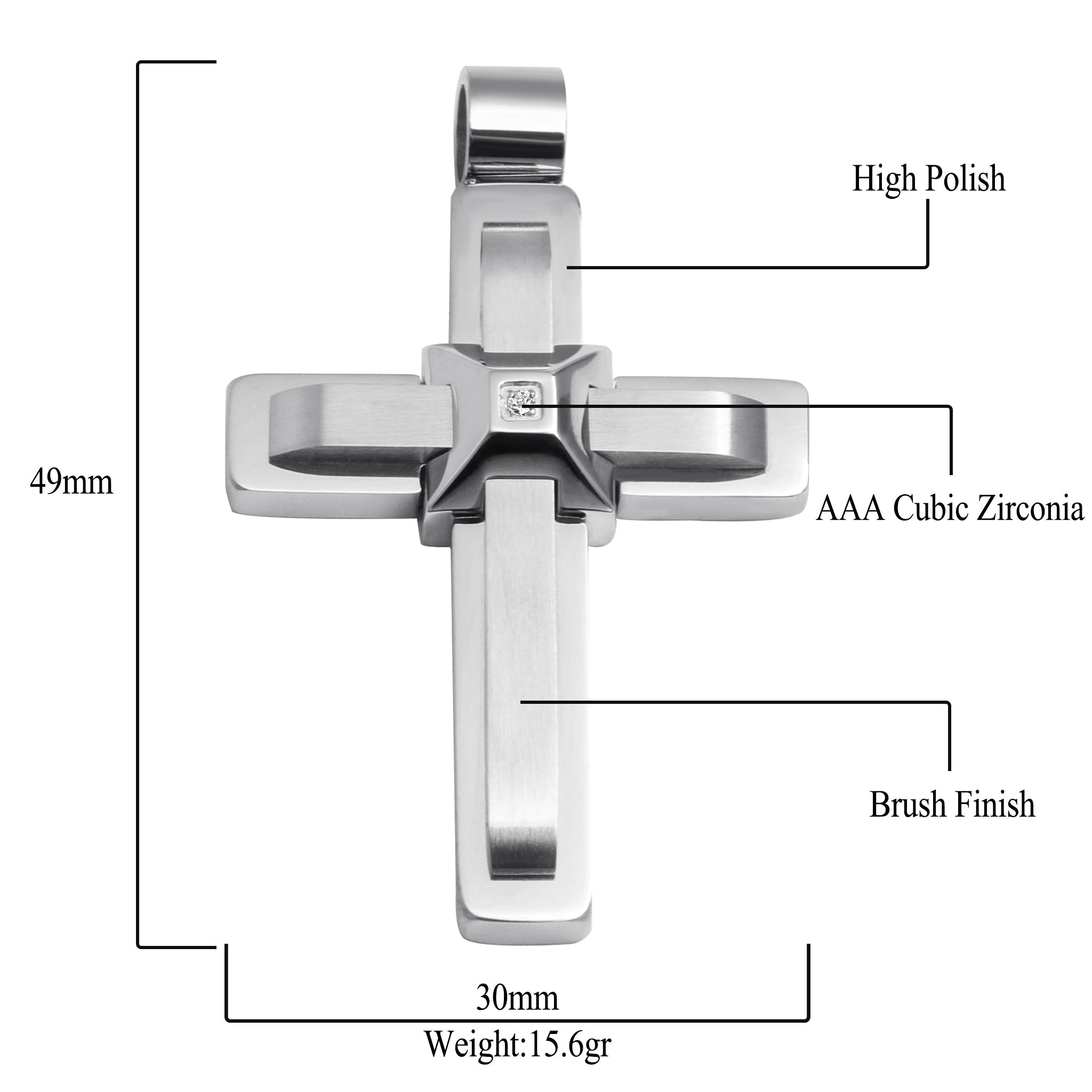 Stainless Steel Cross Pendant With Brushed Center Crystal
