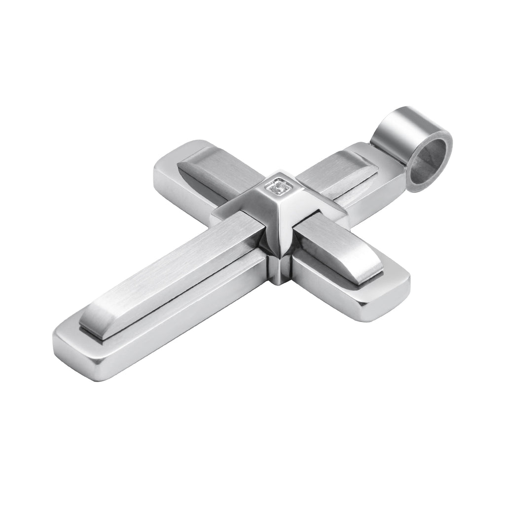 Stainless Steel Cross Pendant With Brushed Center Crystal